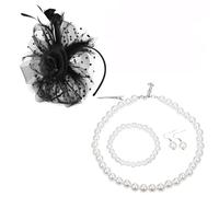 XFSRG Set Gioielli Donna Perle Eleganti Collana Bracciale Orecchini e Cerchietto con Fiore Nero Parure Gioielli Donna Moda per Feste e Cerimonie