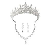XFSRG Set Gioielli Elegante Da Sposa 3 Pezzi Con Corona Scintillante, Collana A V E Orecchini A Goccia Gioielli Di Lusso Per Matrimoni E Occasioni Speciali