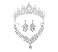 XFSRG Set Gioielli Elegante Da Sposa 3 Pezzi Con Corona Scintillante, Collana A V E Orecchini A Goccia - Gioielli Di Lusso Per Matrimoni E Occasioni Speciali (Argento)