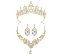 XFSRG Set Gioielli Elegante Da Sposa 3 Pezzi Con Corona Scintillante, Collana A V E Orecchini A Goccia - Gioielli Di Lusso Per Matrimoni E Occasioni Speciali (Oro)