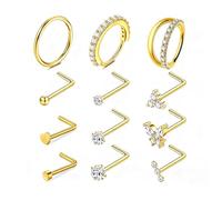 XFSRG Set Piercing Naso 12 Pezzi Donna in Acciaio Inossidabile con Zirconi Bastoncini a L Anelli Lisci Cuore e Multi Zirconi Per Quotidiano Feste e Layering