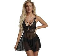 XFSRG Sexy Lingerie Donna Babydoll in Pizzo Trasparente Sottoveste Romantica Elegante Vestito da Notte per Occasioni Speciali (Nero M)