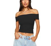 XFSRG T Shirt Donna Estive Sexy off Shoulder Top Elegante Slim Fit Y2K Maglietta Crop Top per Streetwear Clubwear(Nero/M)