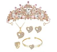 XFSRG Tiara Donna Perle Farfalle Elegante Cristallo Corona con Orecchini Anelli Collane e Bracciali per Matrimoni Anniversari Compleanni (Rosa 1)