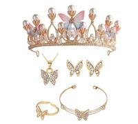 XFSRG Tiara Donna Perle Farfalle Elegante Cristallo Corona con Orecchini Anelli Collane e Bracciali per Matrimoni Anniversari Compleanni (Rosa)