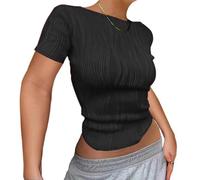XFSRG Top Corto da Donna Sexy Backless Crop Top Casual Elegante a Maniche Corte in Maglia a Coste Elasticizzato Slim T-Shirt Moda Casual Tight Tinta Unita(Nero-M)