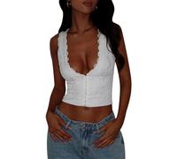 XFSRG Top Donna Scollo a V Sexy con Pizzo Maglietta Estiva Senza Maniche Elegante Top con Reggiseno Adesivo per Serate e Feste(S)