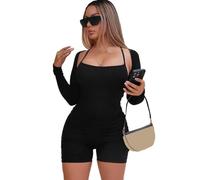 XFSRG Tutina Donna con Manica Lunga a Scialle Collo Rotondo Senza Schienale Aderente Tuta Yoga Jumpsuit Sportivo Tuta Intera Sexy Pantaloncini Fitness Rompers One Piece Palestra Bodysuit (Nero M)