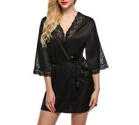 XFSRG Vestaglia Donna Kimono in Raso Accappatoio Elegante con Pizzo Vestaglia Corta Camicia da Notte Stile Kimono Pigiama con Cintura Abbigliamento da Notte per Damigella Sposa
