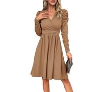 XFSRG Vestito Donna a Maniche Lunghe con Scollo a V da Donna Abito Corto con Volant e Vita Alta Sexy Abiti Autunnali Cocktail Party (Cachi/L)
