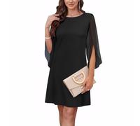 XFSRG Vestito Donna Chiffon Elegante a Manica 3/4 Scollo Rotondo Elegante Casual Abiti per Cocktail Party(Nero/S)