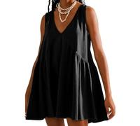 XFSRG Vestito Donna Elegante Casual Abito A Linea Vita Alta Abiti Estivo Scollo a V Vestito Corto Senza Maniche Cotton Comodo Mare Spiaggia con Tasche (Nero M)