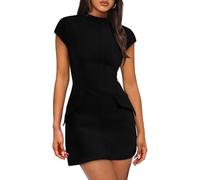XFSRG Vestito Donna Elegante con Scollo Rotondo Maniche Corte Bodycon Sexy Slim Miniabito per Sera Cocktail Party(Nero/M)