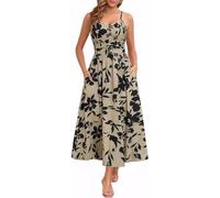 XFSRG Vestito Donna Floreale Estivo Senza Manica Spaghetti Boho Lungo Elegante Abiti con Tasche per Casual Cocktail Party(Khaki/XL)