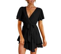 XFSRG Vestito Donna Maniche Corte Scollo V Orlo a Volant Pieghe Abiti Miniabito da Sera Cocktail Party(Nero/XL)