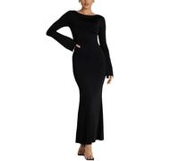 XFSRG Vestito Donna Maniche Lunghe Sexy Maxi Abito Bodycon Elegante Vestito Lungo da Sera Tinta Unita Nero Abito da Festa Abito da Cocktail(L)