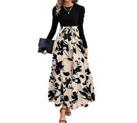 XFSRG Vestito Donna Maniche Lunghe Stampa Floreale Scollo Rotondo Abiti Elegante Orlo a Volant Maxi Vestiti da Casual Cocktail Party(Beige/Maniche Lunghe-S)