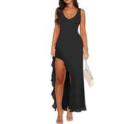 XFSRG Vestito Donna Sexy Spacco Maxi Lunga Scollo a V Elegante Estivo Senza Maniche Orlo a Volant Abito per Sera Festa Cocktail(Nero/S)