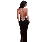 XFSRG Vestito Donna Spaghetti Strap Senza Maniche Vestito Collo Cavezza Vestiti da Cerimonia Abito da Sera Partito Bodycon Senza Schienale Festa Banchetto(Nero/L)