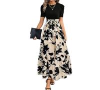 XFSRG Vestito Donna Stampa Floreale Maniche Corte Scollo Rotondo Abiti Elegante Orlo a Volant Estivo Vestiti da Cocktail Party(Beige/S)