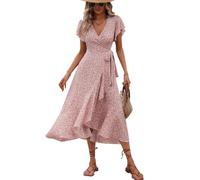 XFSRG Vestito Donna Stampa Floreale Scollo a V Maniche Corte Estivo Elegante Boho Maxi Abito da Festa Casual(Rosa/XL)