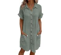 XFSRG Vestito in Lino Donna Elegante Maniche Corte a Bottoni Scollo a V Estive Ampio Abito con Tasca da Casual Festa(Verde/XL)