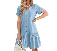 XFSRG Vestito in Lino Donna Scollo a V Maniche Corte Bottoni Elegante Estive Leggero e Ariosa Abito Midi con Tasca da Casual Festa(Blu/S)