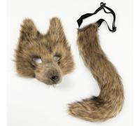 Xgdsnly 2 Pezzi Set di Maschera e Coda Soffice Set Cosplay Animale Regolabile Maschera con Coda per Halloween, Marrone Erba, Taglia Unica