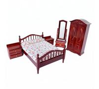 Xgdsnly Set Camera da Letto in Miniatura Mobili Bambola Letto Doppio Armadio Comodini Specchio con Base Finitura Effetto Ciliegio Classica Adatto per Casa