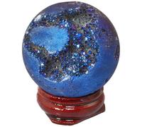 XGINERFEX Titanium Coated Agate Geode Crystal Sphere Ball with Wooden Stand, Rainbow Quartz Stone Gift Ornament,Dark blue-40mm Gemstone Stone