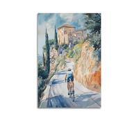 XGKJDS Stampa artistica da parete astratta minimalista su tela, poster ad acquerello in bicicletta, con vista panoramica sulla collina di un edificio, decorazione per bagno, opera d'arte 50 x 75 cm