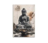 XGKJDS Stampa artistica da parete astratta minimalista su tela, poster con buddismo ad acquerello, con Buddha seduto e bruciatore di incenso, decorazione per il bagno, opera d'arte 50 x 75 cm