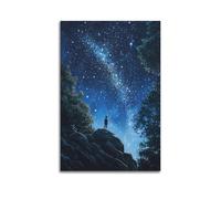 XGKJDS Stampa artistica da parete su tela con stampa artistica da parete di famiglia moderna e squisita, poster ispirato a anime con cielo notturno con ragazzo che guarda le stelle, 50 x 75 cm