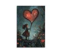 XGKJDS Stampa artistica da parete su tela, motivo: cuore surrealista, poster a tema per bambini con ragazza che tiene un grande cuore, 40 x 60 cm