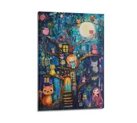 XGKJDS Stampa artistica da parete su tela, motivo: famiglia surrealista, poster con animali con ragazza, gatti e casa sull'albero sotto la luna, 50 x 75 cm