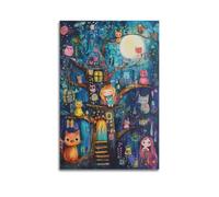 XGKJDS Stampa artistica da parete su tela, motivo: famiglia surrealista, poster con animali, con ragazza, gatti e casa sull'albero sotto la luna, 30 x 45 cm
