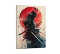 XGKJDS Stampa artistica da parete su tela, motivo: guerriero samurai ad acquerello, con sfondo rosso con sole rosso, 20 x 30 cm