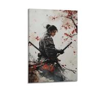 XGKJDS Stampa artistica da parete su tela, motivo: samurai ad acquerello, con fiori di ciliegio, decorazione per la casa, 60 x 90 cm
