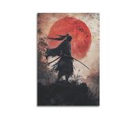 XGKJDS Stampa artistica da parete su tela, motivo: samurai ad acquerello, con sole rosso e uccelli, 60 x 90 cm
