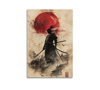 XGKJDS Stampa artistica da parete su tela, motivo: samurai ad acquerello, con sole rosso ed elementi tradizionali, 60 x 90 cm