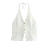 XGMTHBDD Canotta da Donna Women Fashion Single Sfritto Bandage Senza Schienale Tops Vintage Halter Neck Sleeveless Female Chic Lady Tops-Bianco-XS