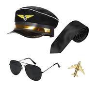 XGOPTS Set di 4 accessori per costume da capitano pilota della compagnia aerea, cappello, spilla, cravatta, occhiali da sole, guanti, costume per adulti, accessori per costume per feste a tema pil