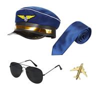 XGOPTS Set di 4 accessori per costume da capitano pilota della compagnia aerea, cappello, spilla, cravatta, occhiali da sole, guanti, costume per adulti, accessori per costume per feste a tema pil