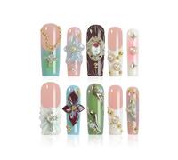 XGV Unghie a pressione fatte a mano, design floreale francese estivo con perle