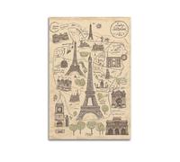 XHBKJA Poster su tela con mappa di Parigi disegnata a mano in stile vintage con icone del punto di riferimento, decorazione artistica da parete minimalista e moderna, da appendere, 40 x 60 cm