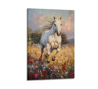 XHBKJA Stampa artistica da parete su tela con immagine artistica su tela, motivo: animali che corrono, cavallo bianco nel campo di fiori, 50 x 75 cm