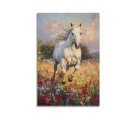 XHBKJA Stampa artistica da parete su tela con immagine artistica su tela, motivo: animali che corrono, cavallo bianco nel campo di fiori, 50 x 75 cm