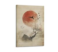 XHBKJA Stampa artistica da parete su tela, motivo: animali giapponesi, con uccelli in volo e luna rossa, 50 x 75 cm