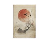 XHBKJA Stampa artistica da parete su tela, motivo: animali giapponesi, con uccelli in volo e luna rossa, 30 x 45 cm