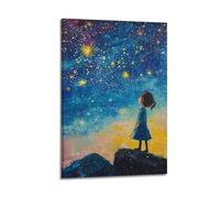 XHBKJA Stampa artistica da parete su tela, motivo: cielo notturno ad acquerello, poster per bambini con ragazza che guarda le stelle, 40 x 60 cm